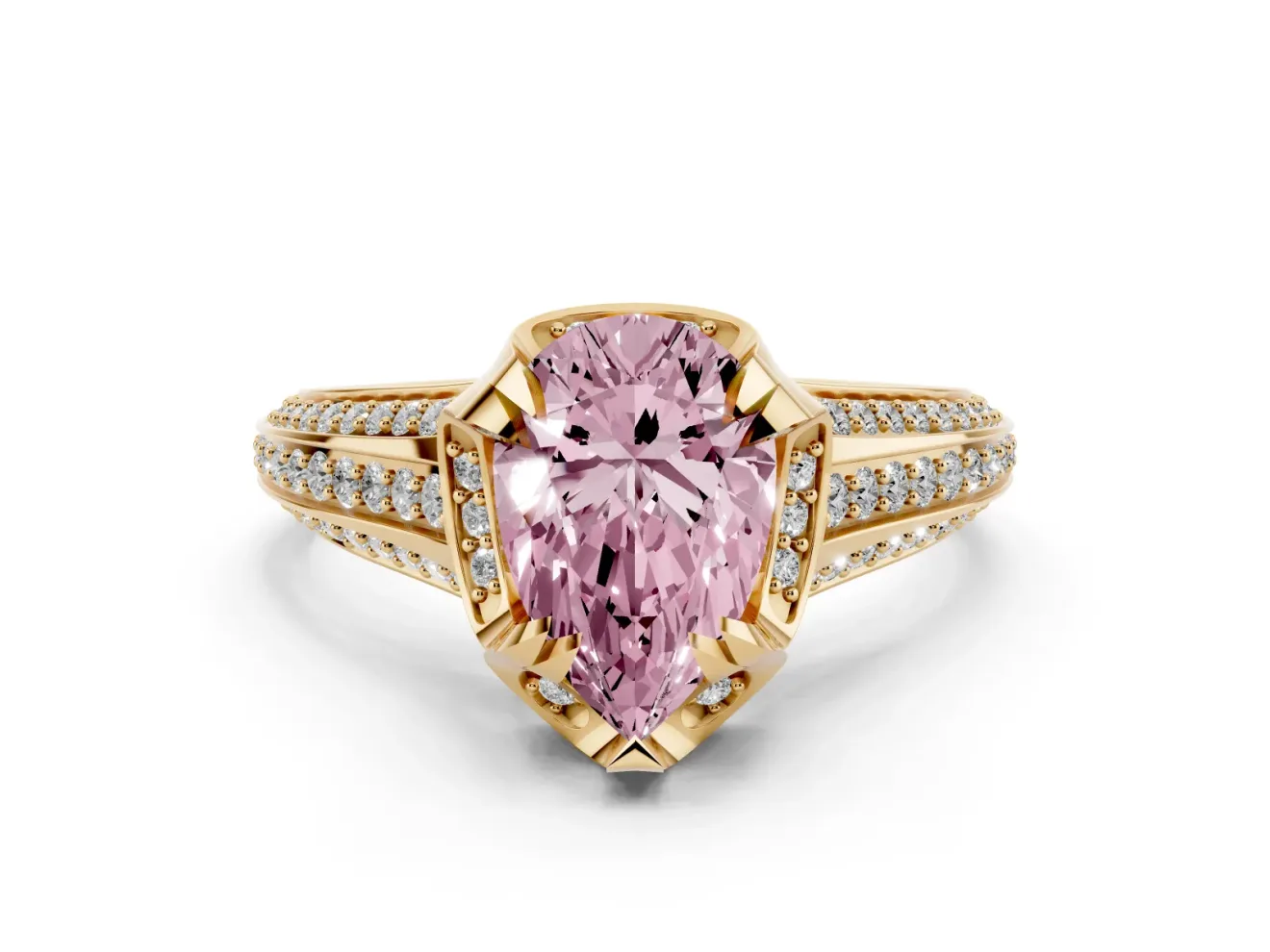 Fancy Pink Pear Cut Diamond Pavé Split Shank Solitaire Ring Set in Yellow gold with Prong Setting