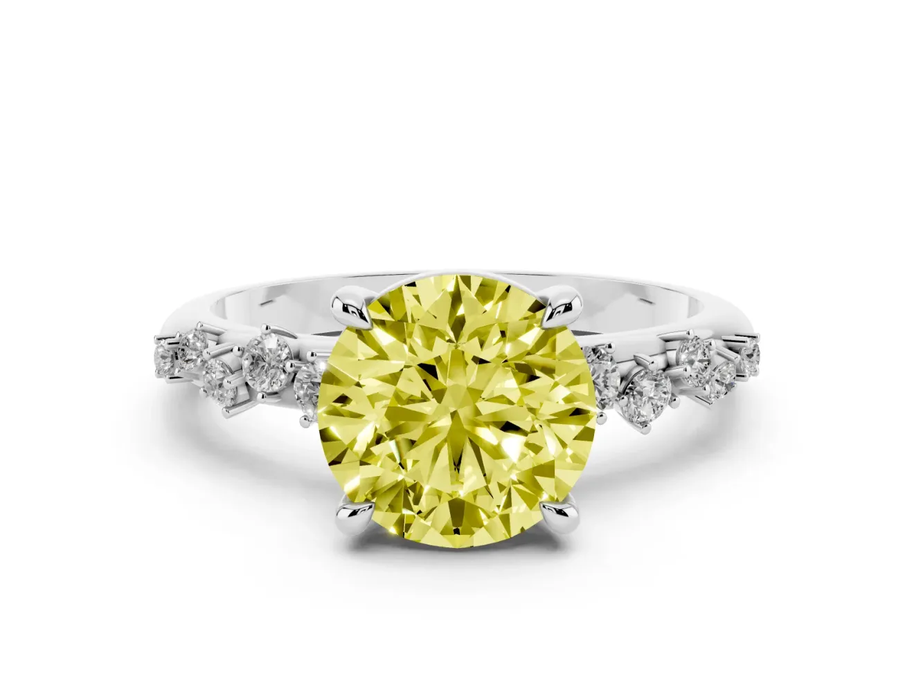 Fancy Yellow Round Cut Diamond Solitaire Vine Band Ring Set in Platinum with Round Accents and Prong Setting