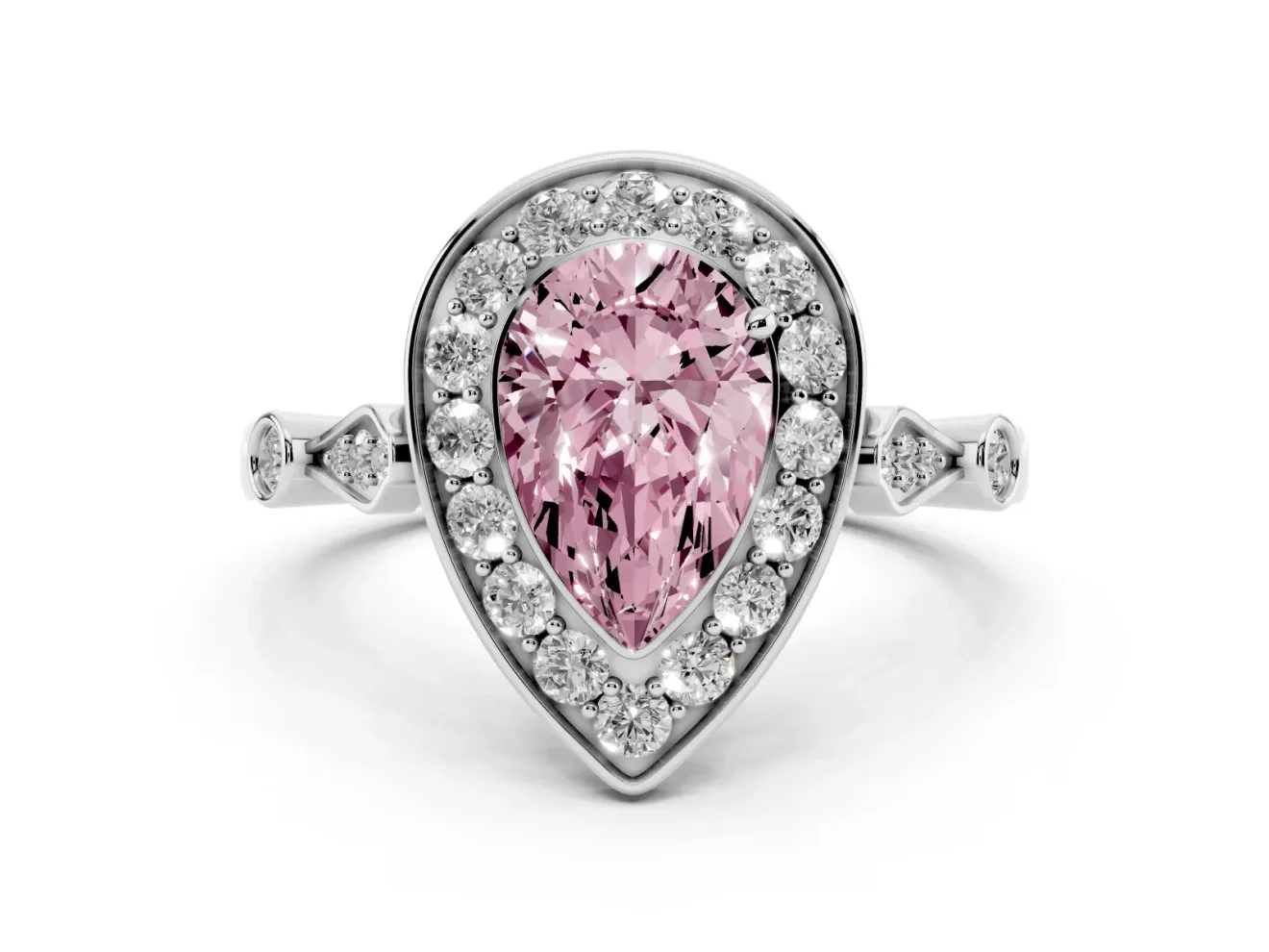 Fancy Pink Pear Cut Diamond Halo Engagement Ring Set in White gold with Twisted Band and Prong Setting