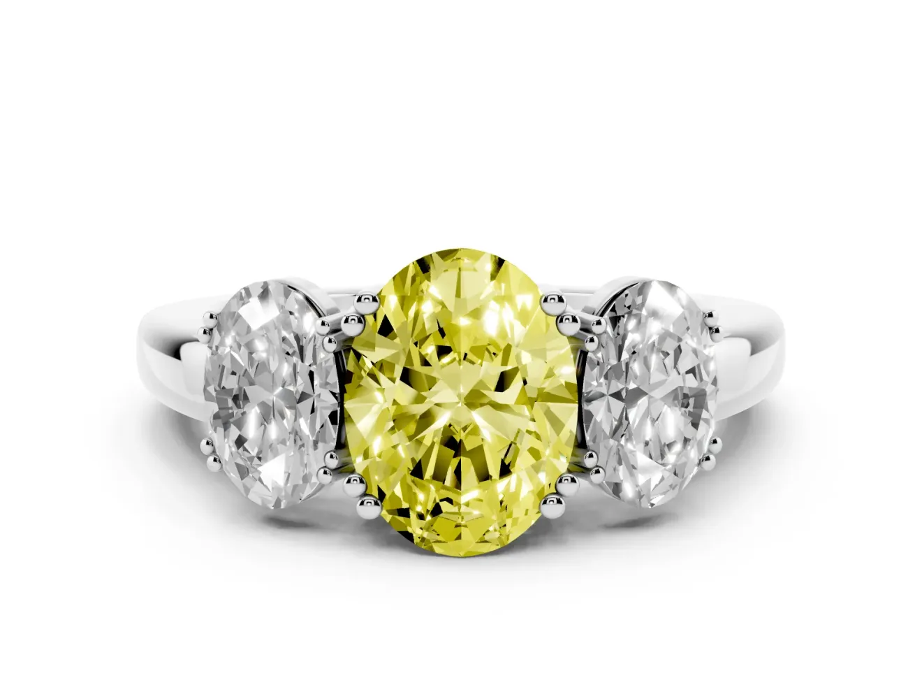 Fancy Yellow Oval Cut Diamond Three-Stone Ring Set in White gold with Polished Band and Prong Setting