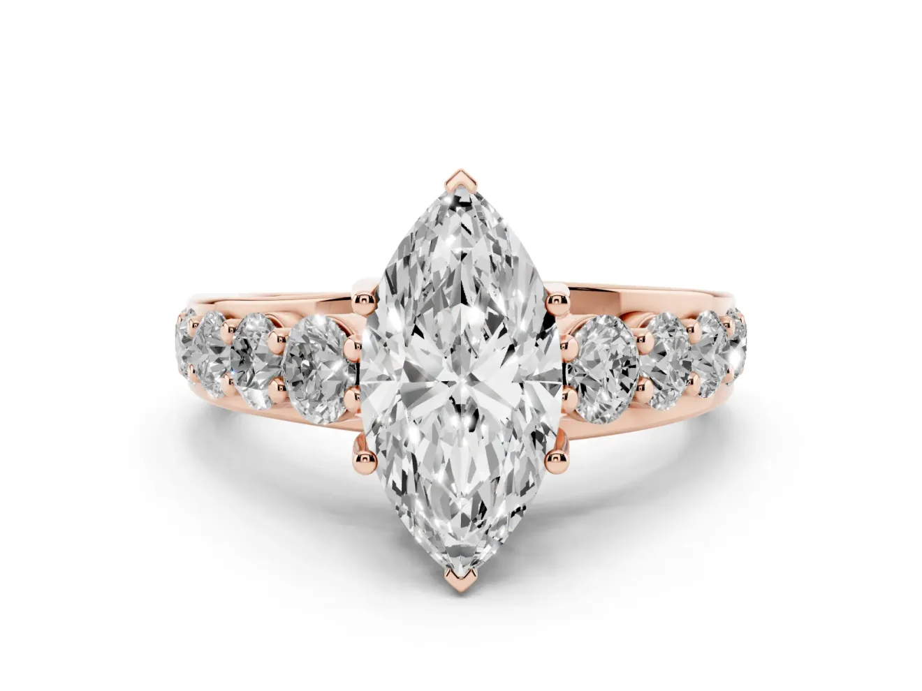 Marquise Graduated Side Stone Engagement Ring Setting | Shared Prong Rails | Rose Gold