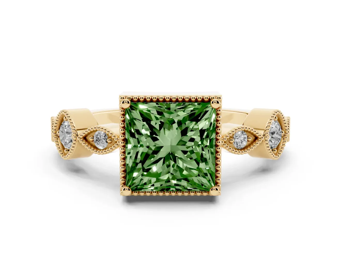 Fancy Green Princess Cut Diamond Vintage-Inspired Milgrain Ring Set in Yellow gold with Marquise Stations of Round Accents