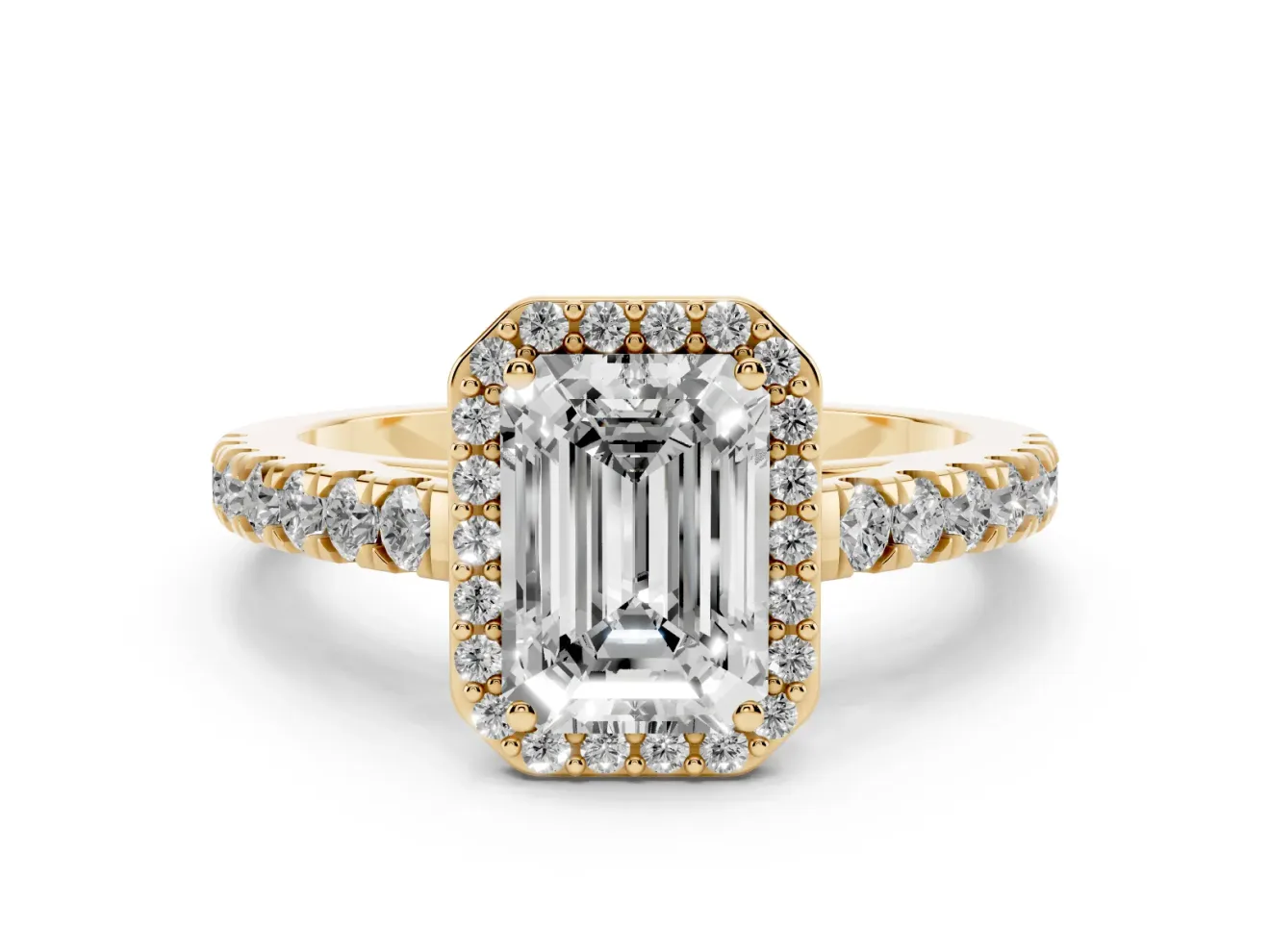 Emerald Cut Halo Pavé Engagement Ring Setting | Single Row Shoulders | Yellow Gold