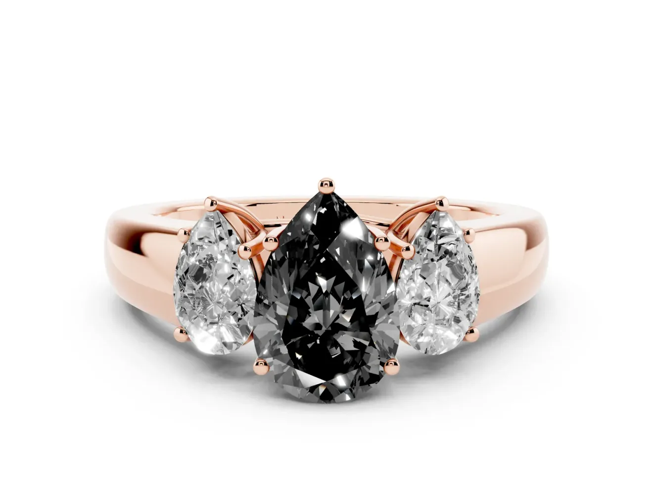 Pear-Shaped Three Stone Engagement Ring Setting for a Black Center | Rose Gold