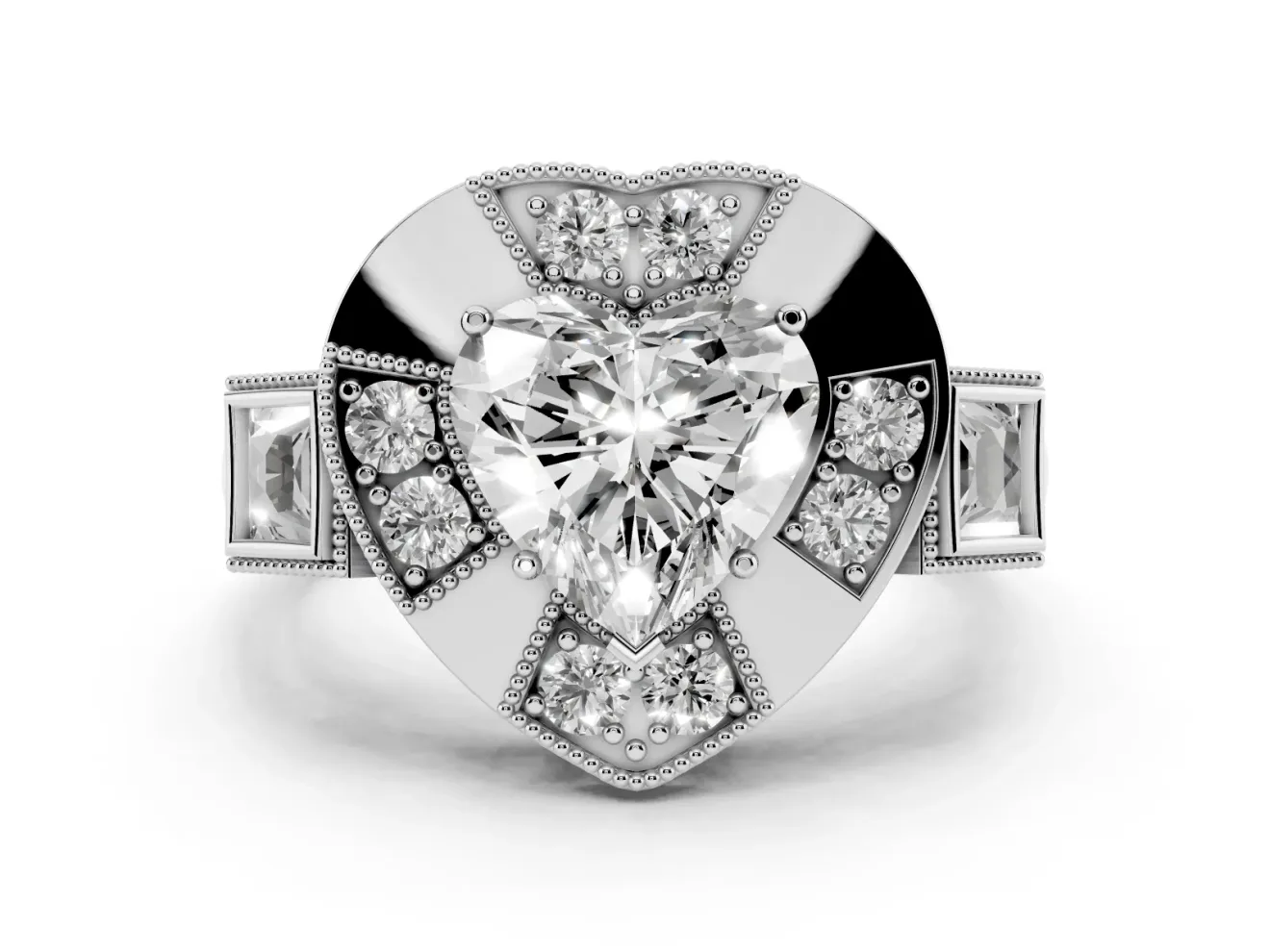 Heart Cut Diamond Milgrain Halo Ring Set in Platinum with Split Shank
