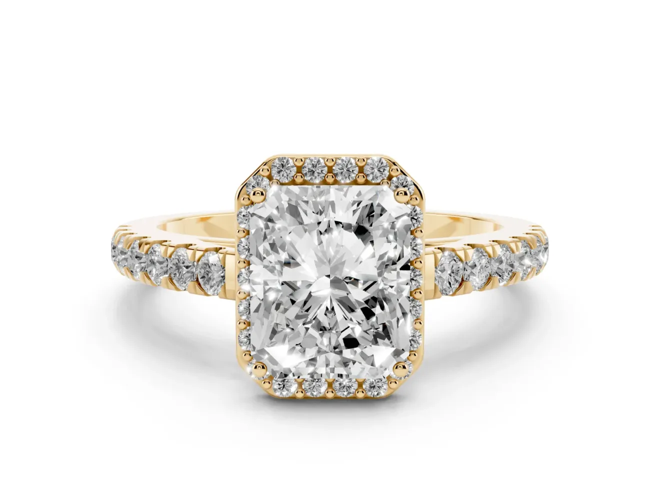 Radiant Cut Halo Pavé Engagement Ring Setting | Single Row Shoulders | Yellow Gold