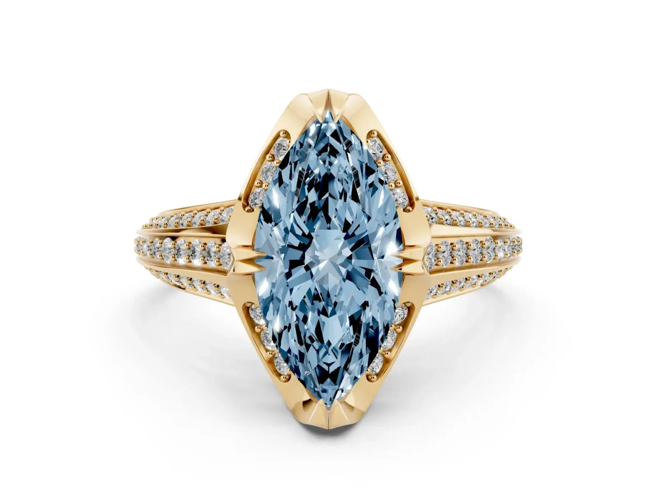 Marquise Hidden Halo Engagement Ring Setting for a Fancy Blue Lab-Grown Diamond | Triple Row Pavé Band | Yellow Gold