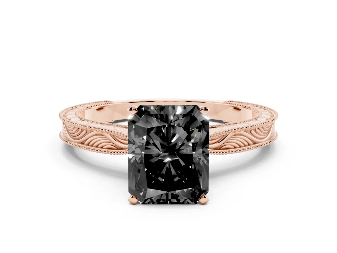 Fancy Black Radiant Cut Diamond Solitaire Milgrain Engraved Band Set in Rose gold with Prong Setting