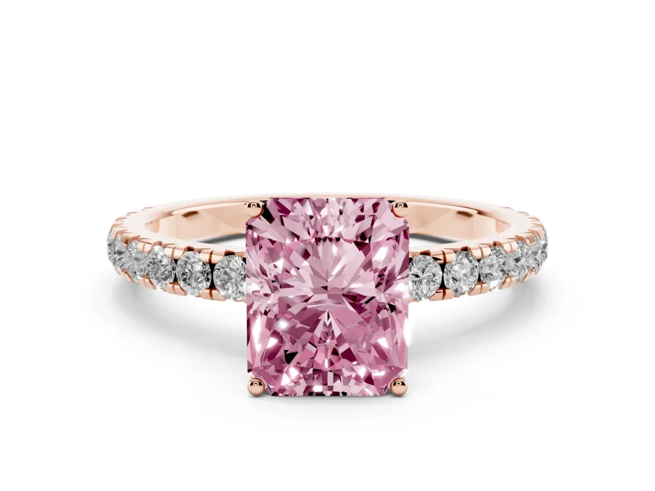 Radiant Cut Pave Solitaire Engagement Ring Setting for a Fancy Pink Lab-Grown Diamond | Shared Prong Band | Rose Gold