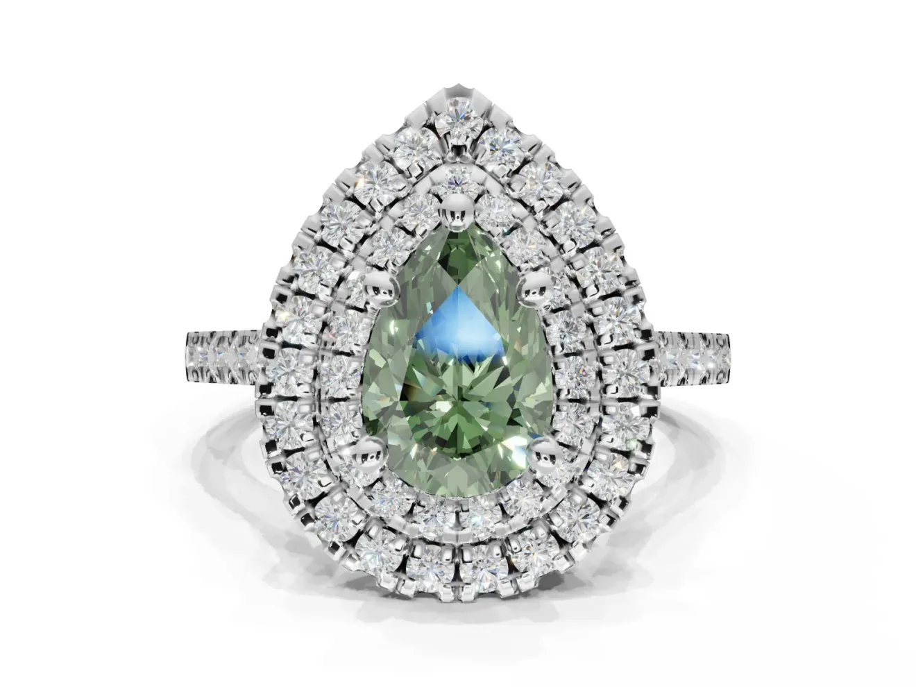 Fancy Green Pear-Shaped Lab-Grown Diamond Double Halo Statement Ring Set in Sterling Silver with Pavé Band