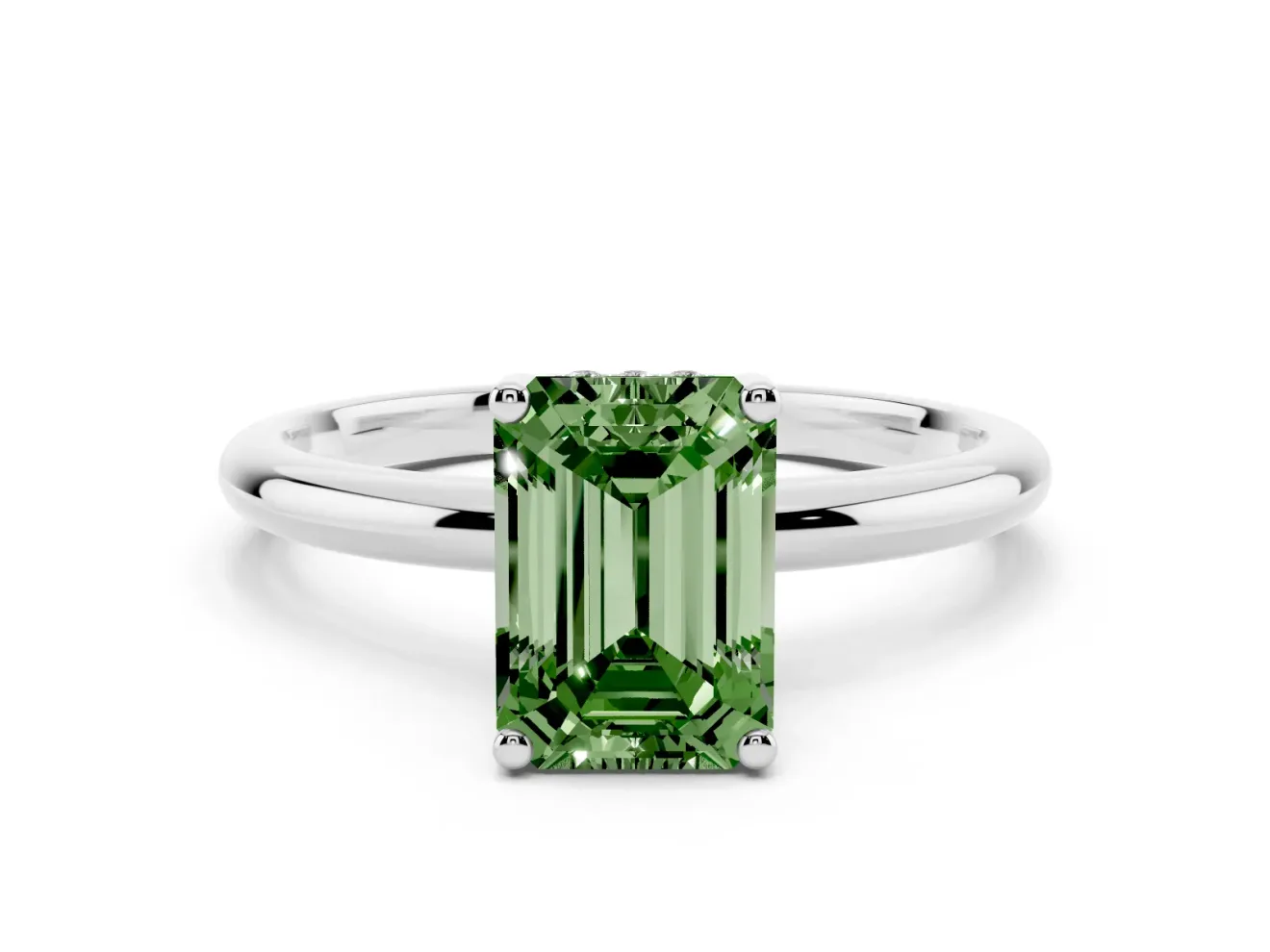 Emerald Cut Hidden Halo Engagement Ring Setting for a Fancy Green Lab-Grown Diamond | Plain Band | Sterling Silver