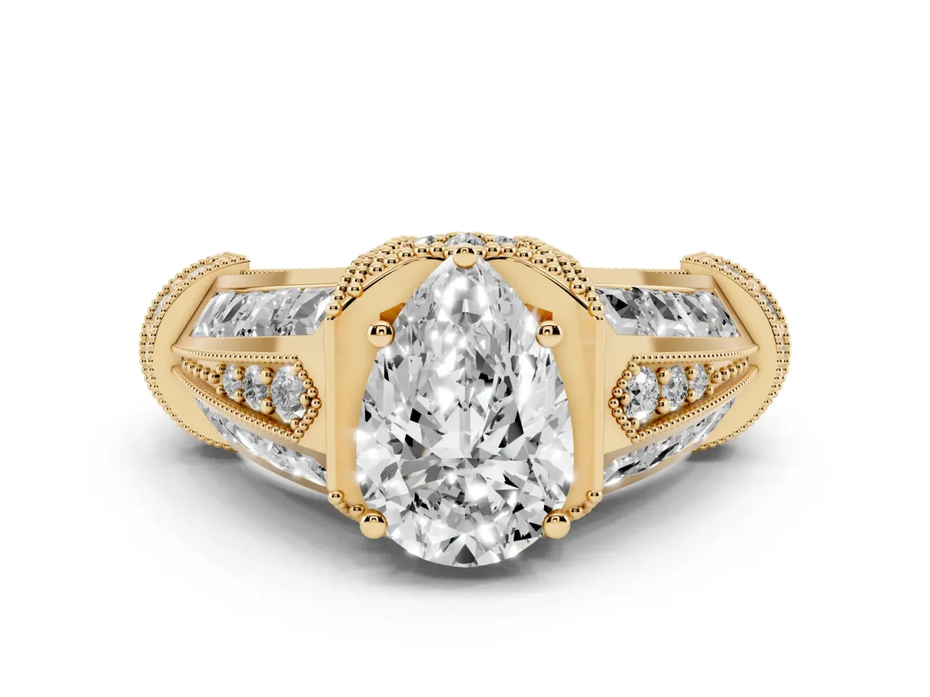 Pear Cut Diamond Vintage-Inspired Milgrain Ring Set in Yellow gold with Accent Split Shank
