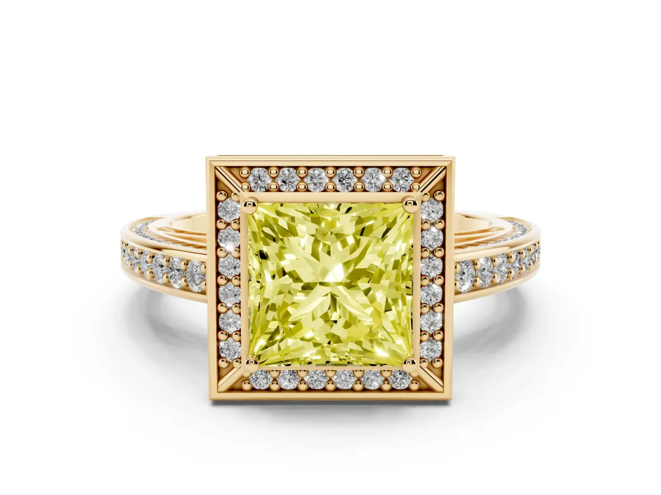 Fancy Yellow Princess Cut Diamond Halo Pavé Split Shank Ring Set in Yellow gold with Prong Setting