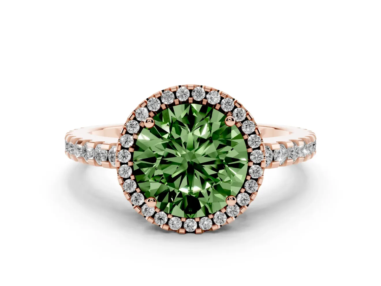 Round Halo Engagement Ring Setting for a Fancy Green Lab-Grown Diamond | Half Pave Band | Rose Gold