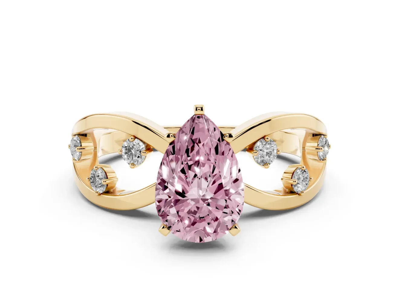 Fancy Pink Pear Cut Diamond Solitaire Ring Set in Yellow gold with Side Stones on Criss-Cross Band and Prong Setting