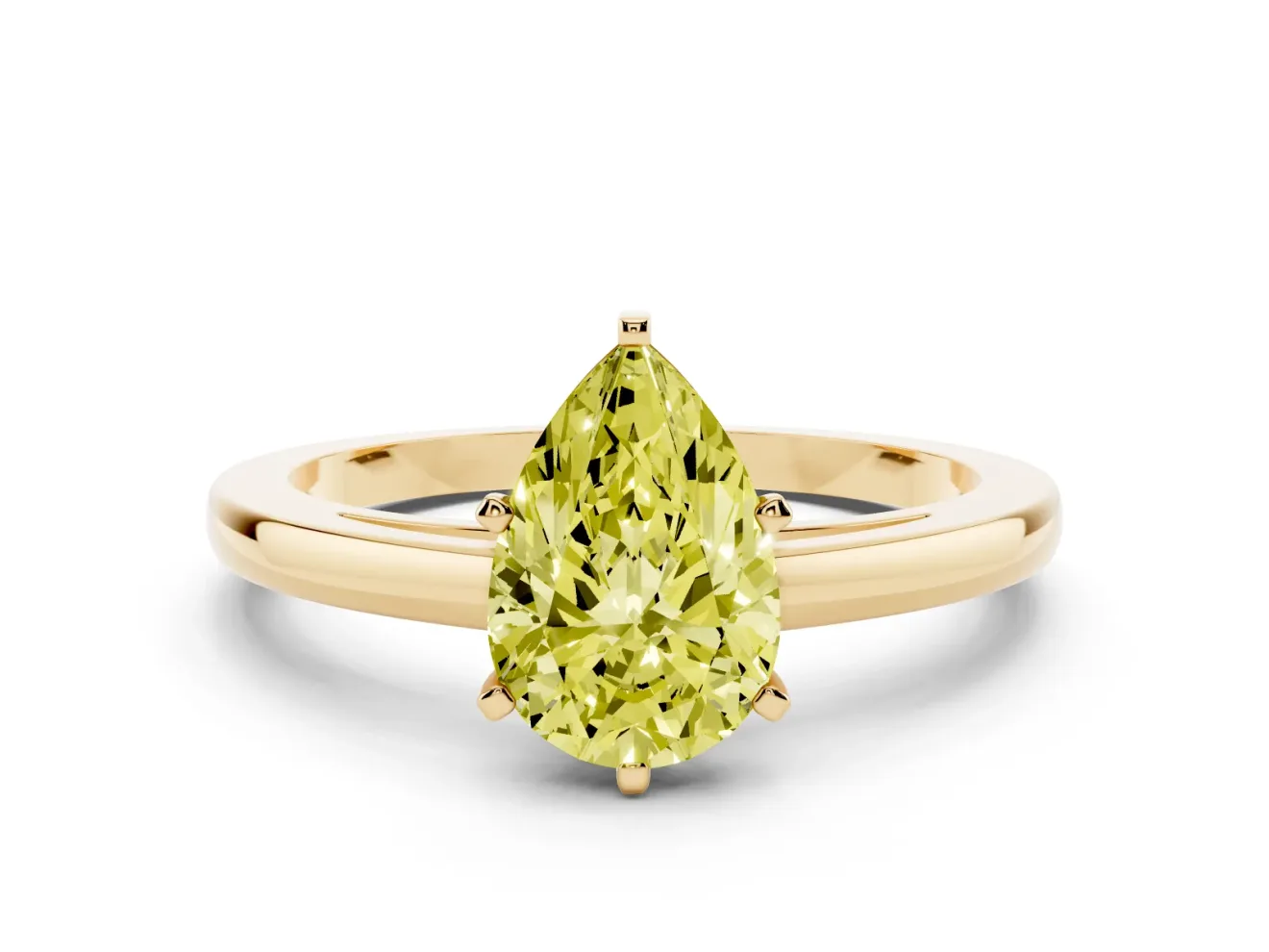 Fancy Yellow Pear Cut Diamond Solitaire Engagement Ring Set in Yellow gold with Prong Setting on a Classic Band