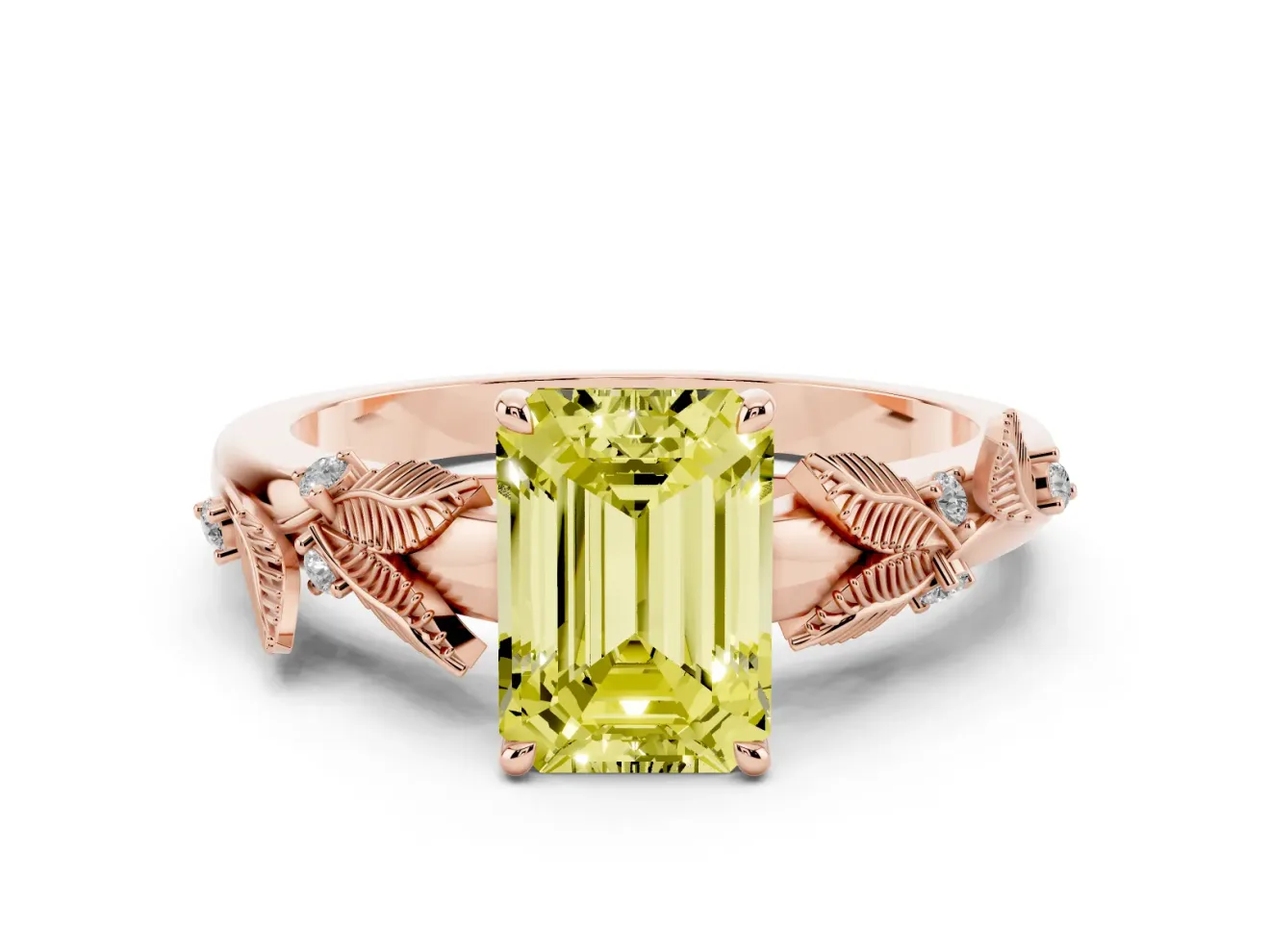 Emerald Cut Leaf Solitaire Engagement Ring Setting for a Fancy Yellow Lab-Grown Diamond | Rose Gold