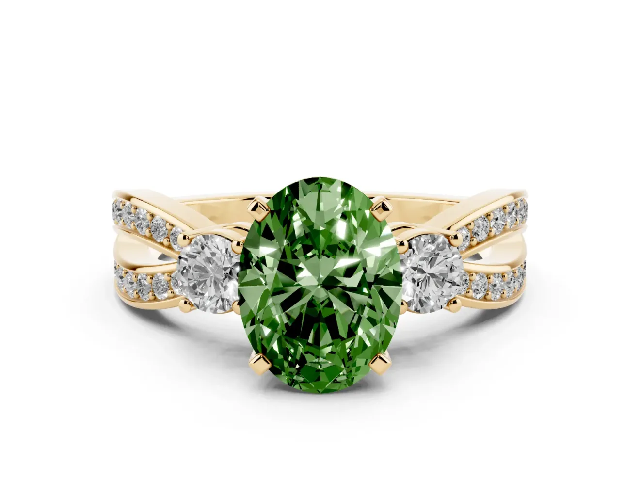 Oval Three-Stone Twist Engagement Ring Setting for a Fancy Green Lab-Grown Diamond | Yellow Gold