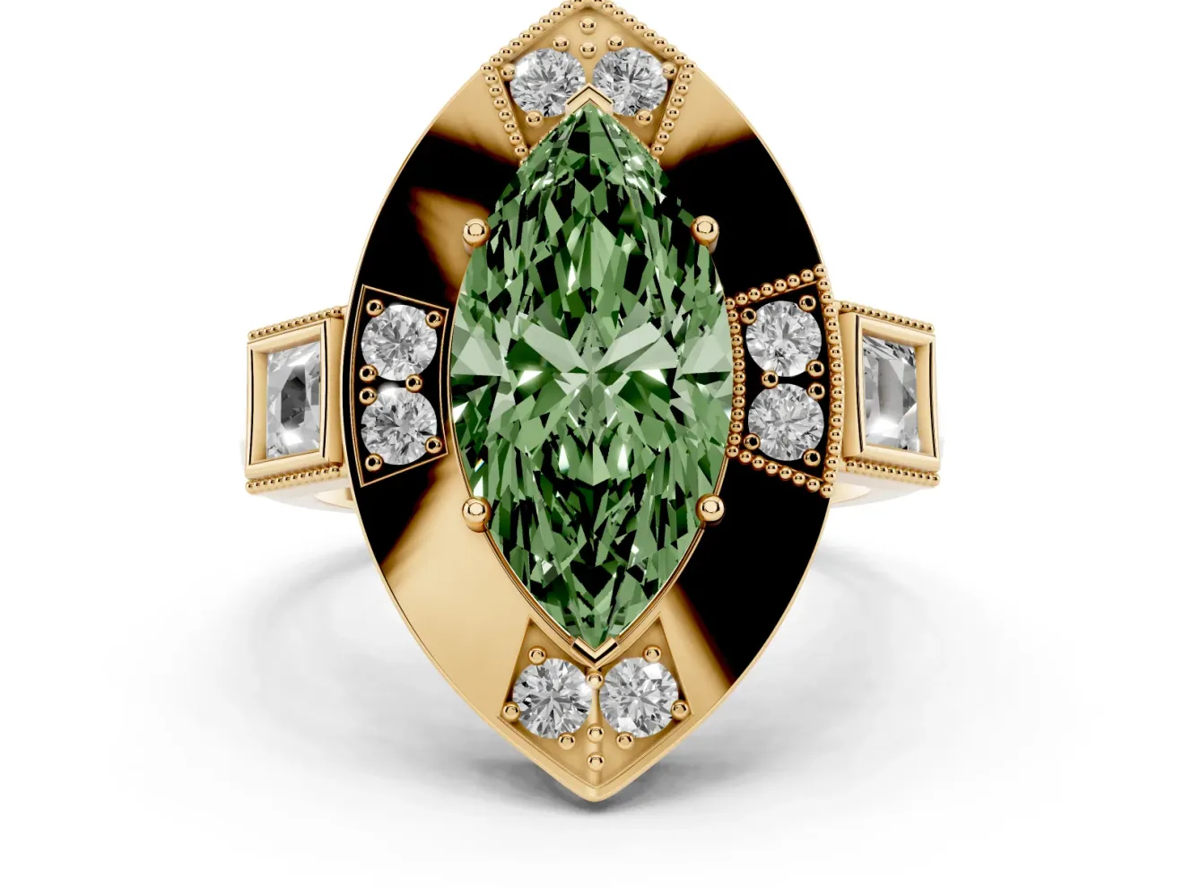 Fancy Green Marquise Cut Diamond Milgrain Halo Ring Set in Yellow gold with Split Shank