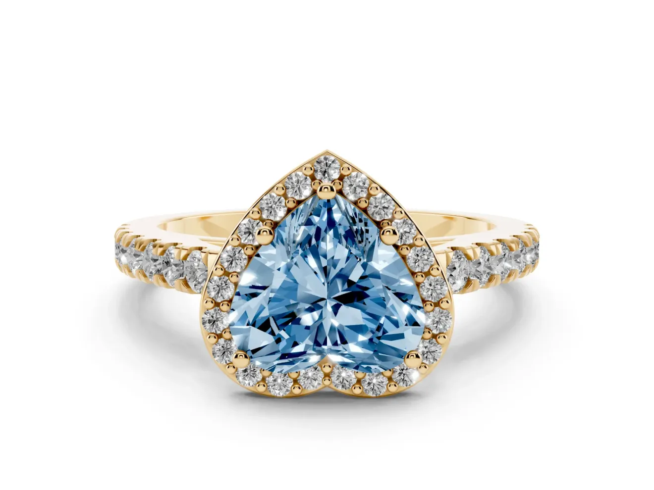 Fancy Blue Heart Cut Diamond Halo Engagement Ring Set in Yellow gold with Pavé Band and Prong Setting