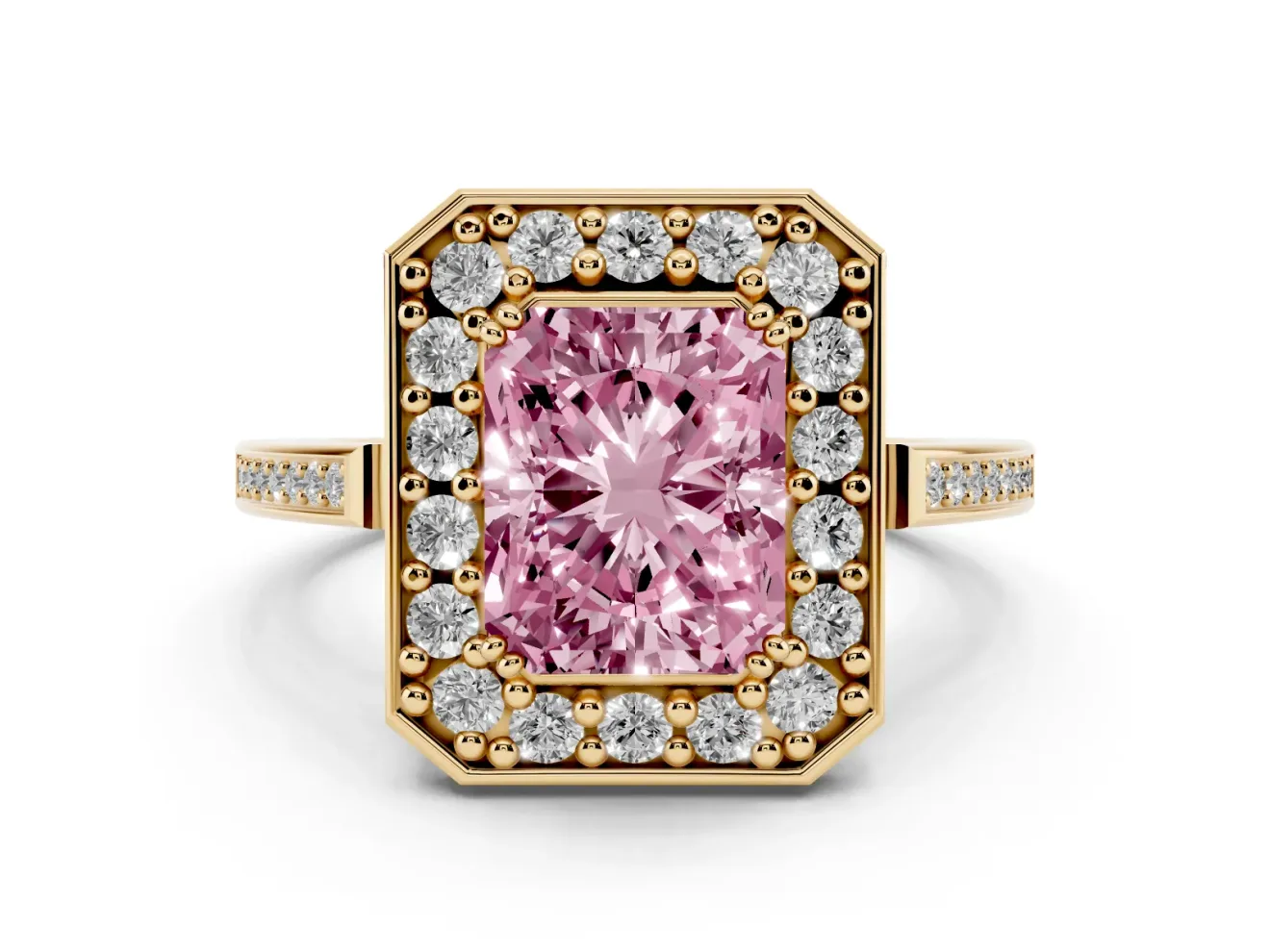 Radiant Cut Halo Engagement Ring Setting for a Fancy Pink Lab-Grown Diamond | Polished Halo Rim | Yellow Gold