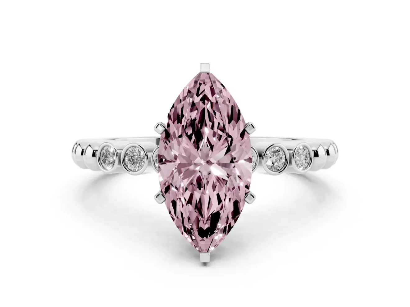 Fancy Pink Marquise Cut Diamond Solitaire Engagement Ring Set in Silver with Bezel Accents on Beaded Band