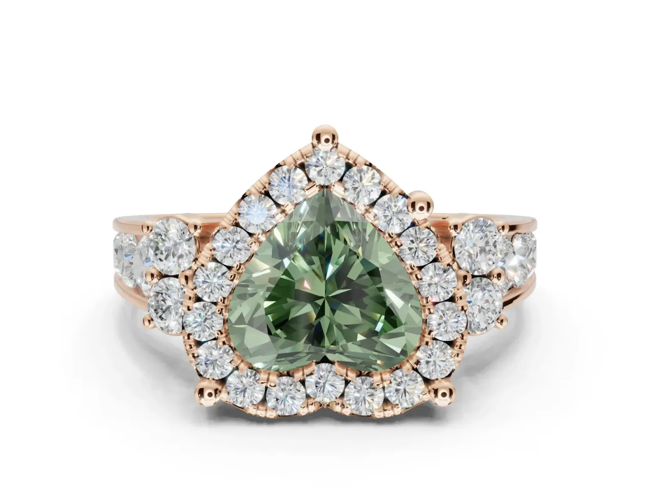 Heart-Shaped Halo Engagement Ring Setting for a Fancy Green Lab-Grown Diamond | Graduated Channel Band | Rose Gold