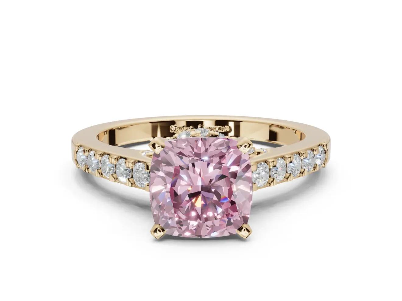Cushion Cut Pavé Solitaire Engagement Ring Setting for a Fancy Pink Lab-Grown Diamond | Crossover Gallery | Yellow Gold