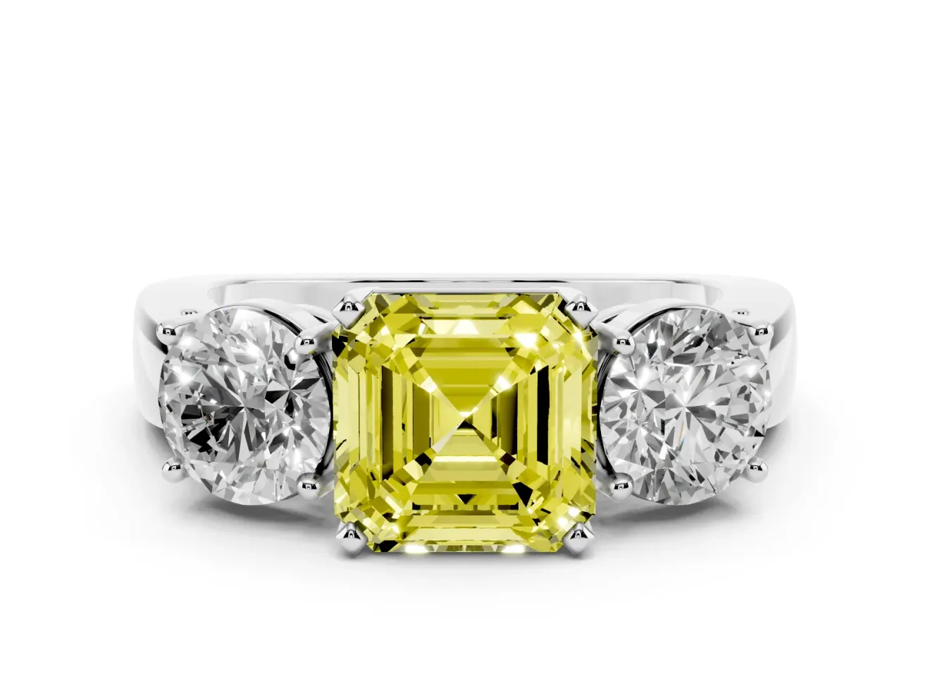 Asscher Cut Three Stone Engagement Ring Setting for a Fancy Yellow Lab-Grown Diamond | Wide Plain Band | Platinum