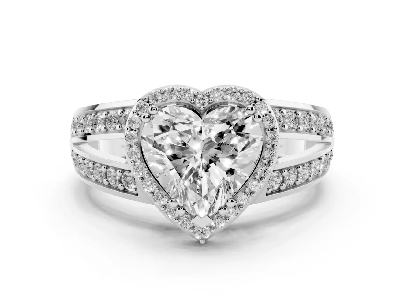 Heart Cut Diamond Halo Ring Set in Silver with Double Pavé Split Shank