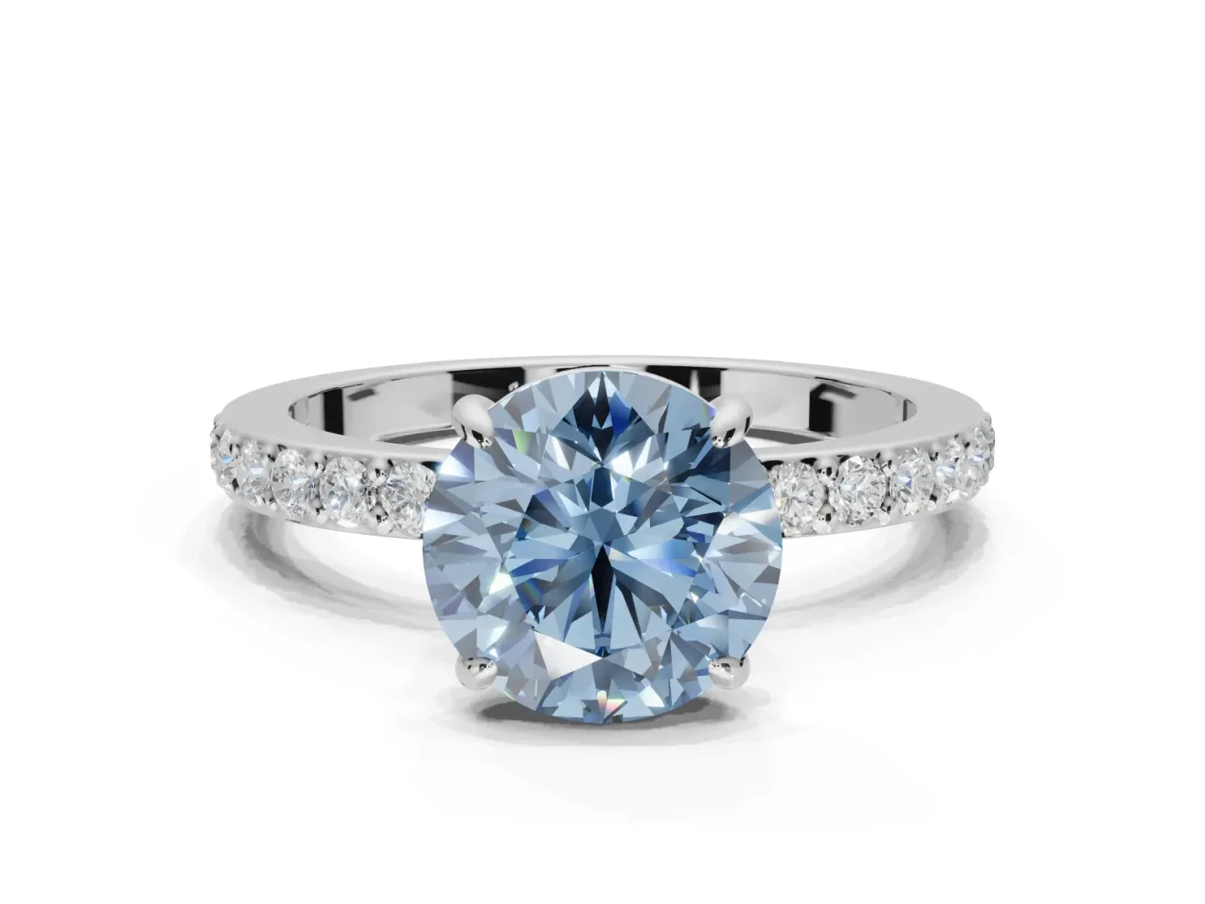 Round Hidden Halo Engagement Ring Setting for a Fancy Blue Lab-Grown Diamond | Pavé Band | Sterling Silver