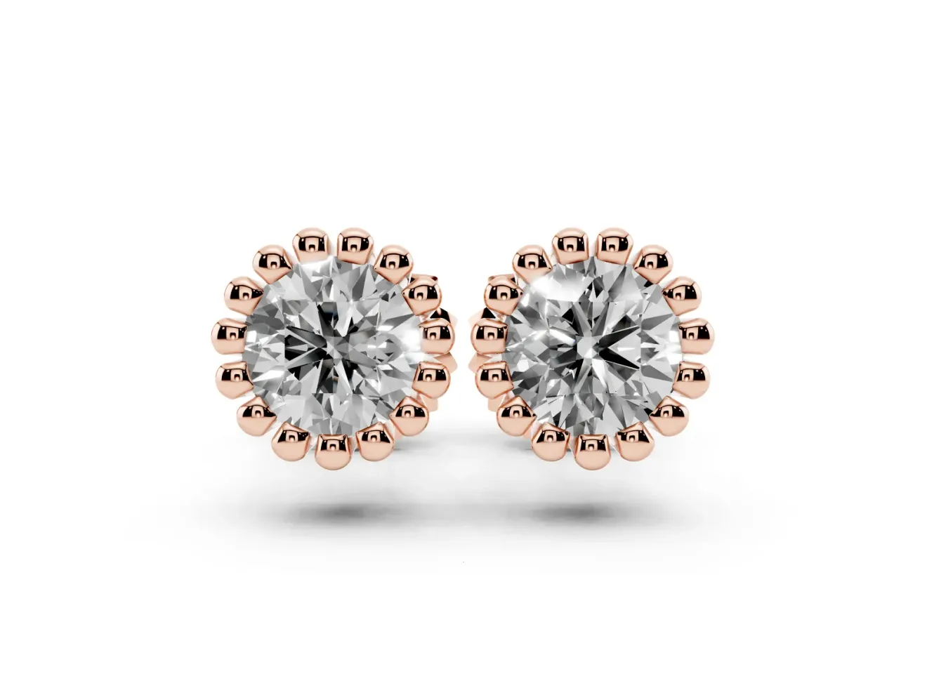 Round Lab-Grown Diamond Scalloped Solitaire Stud Earrings | Beaded Crown Head | Rose Gold
