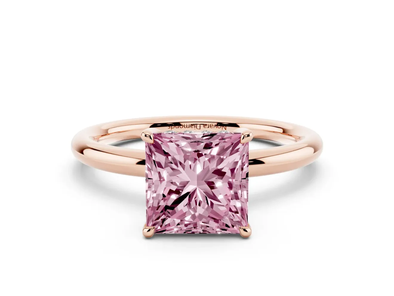 Fancy Pink Princess Cut Diamond Solitaire Ring Set in Rose gold with Thin Band and Prong Setting