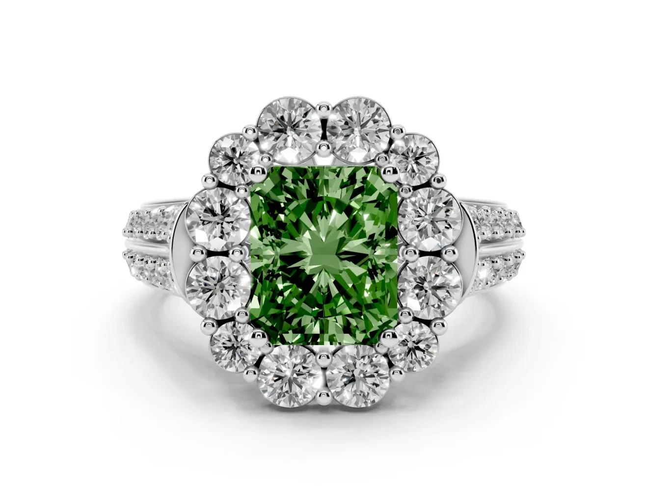 Fancy Green Radiant Cut Diamond Halo Engagement Ring Set in White gold with Split Shank and Prong Setting