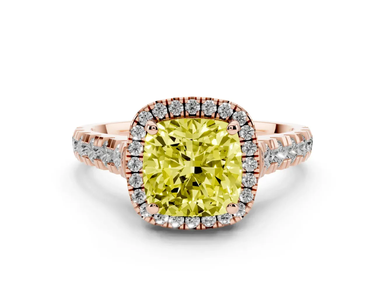 Cushion Cut Accented Halo Engagement Ring Setting for a Fancy Yellow Lab-Grown Diamond | Rose Gold