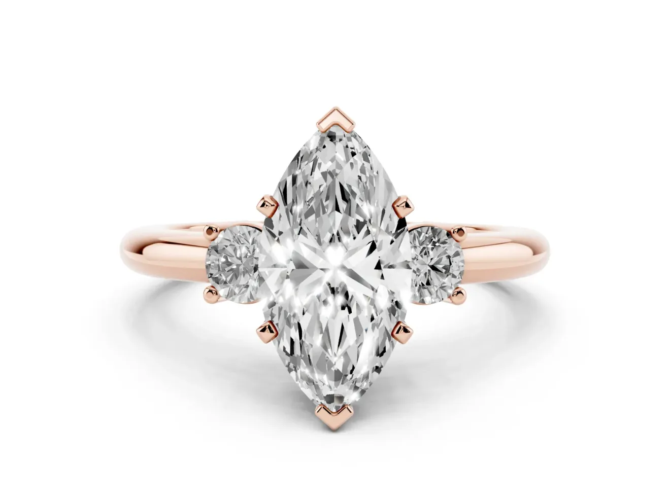 Three-Stone Marquise Cut Diamond Ring Set in Rose gold with Prong Setting and Plain Band