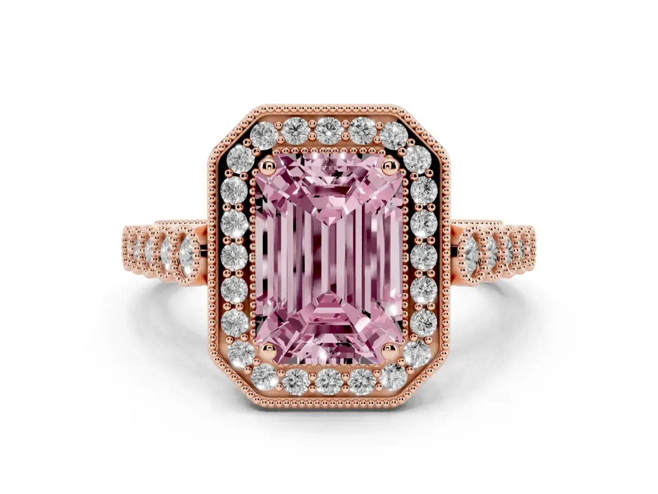 Emerald Cut Graduated Milgrain Halo Engagement Ring Setting for a Fancy Pink Lab-Grown Diamond | Rose Gold