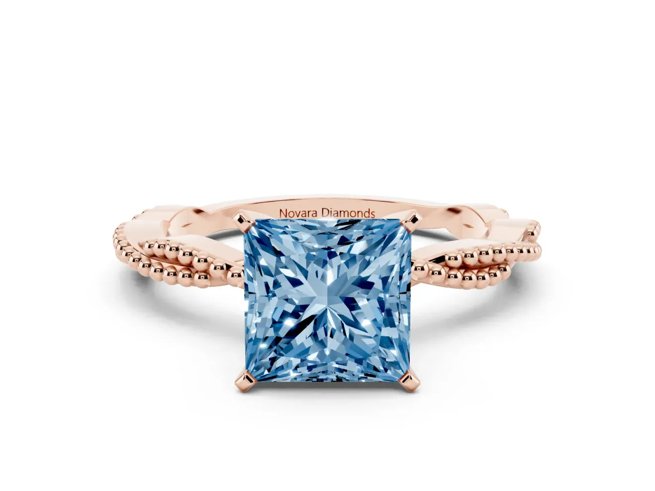 Fancy Blue Princess Cut Diamond Solitaire Ring Set in Rose gold with Twisted Band and Bead Prong Setting