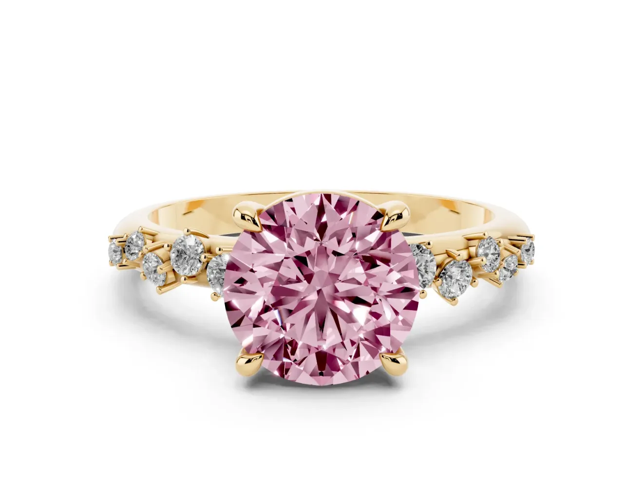 Fancy Pink Round Cut Diamond Solitaire Vine Band Ring Set in Yellow gold with Round Accents and Prong Setting