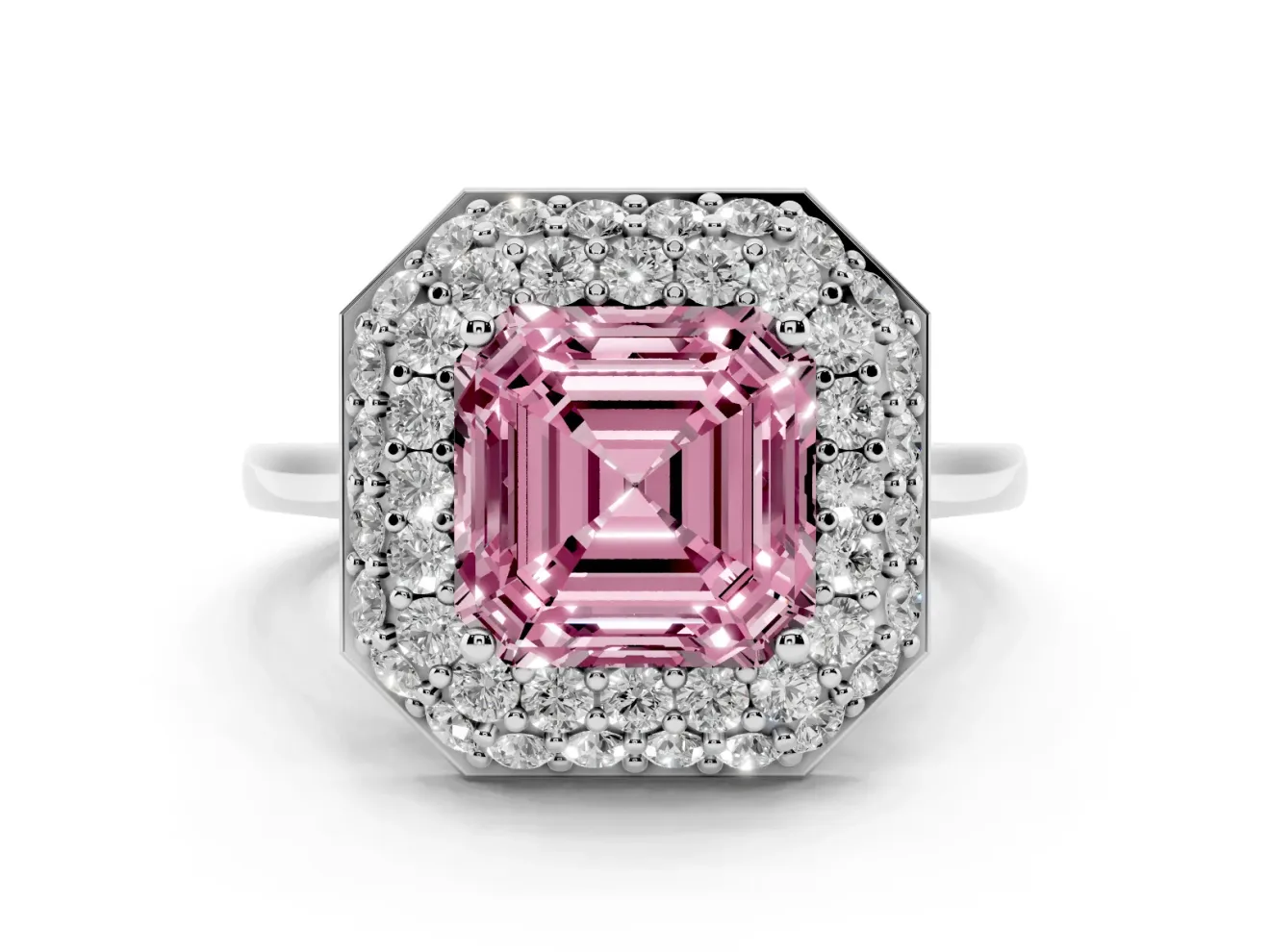 Fancy Pink Asscher Cut Diamond Halo Engagement Ring Set in Silver with Solitaire Band and Prong Setting