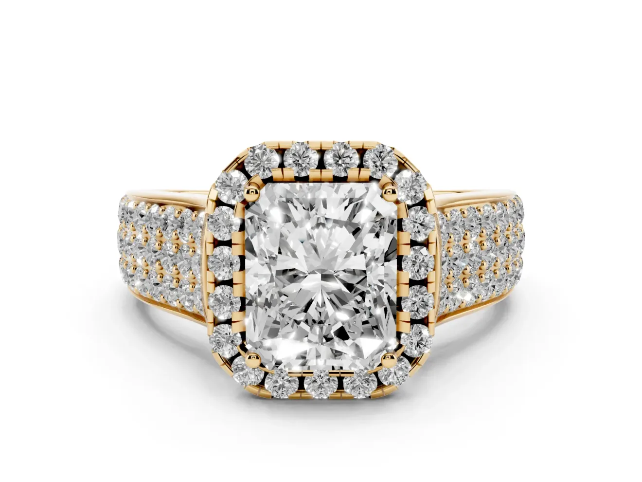 Radiant Cut Pavé Engagement Ring Setting | Wide Three-Row Band | Yellow Gold