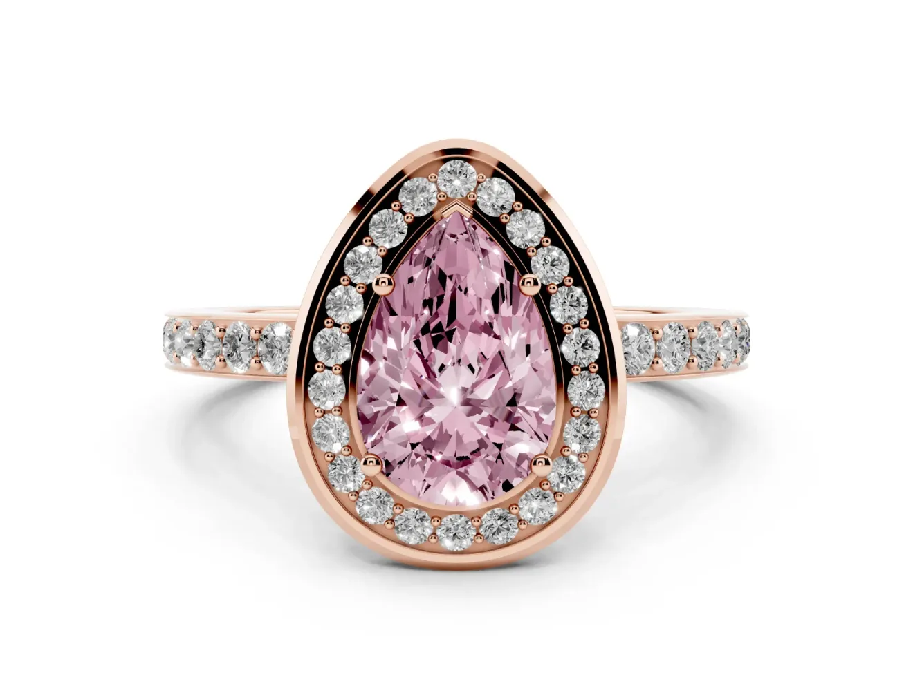 Fancy Pink Pear Cut Diamond Halo Ring Set in Rose gold with Bezel Frame and Pavé Band