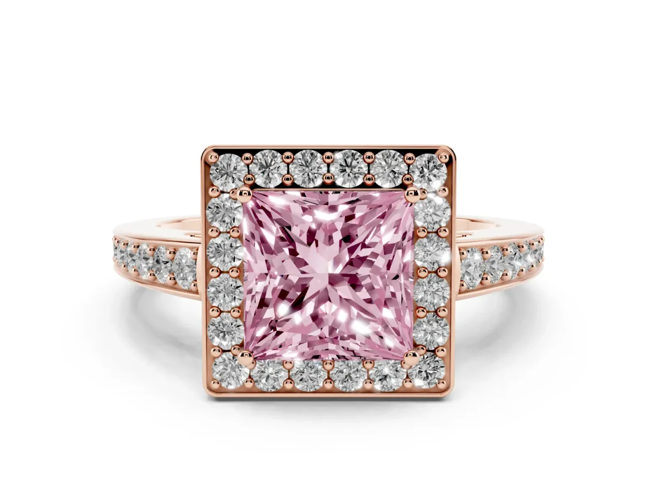 Fancy Pink Princess Cut Diamond Halo Pavé Engagement Ring Set in Rose gold with Bezel Setting
