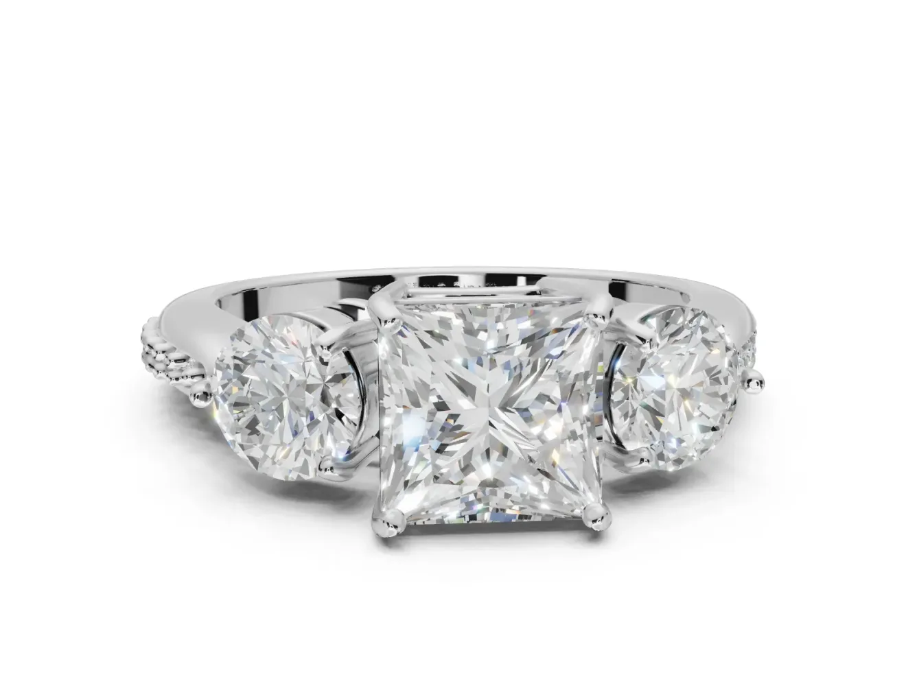 Princess Cut Three Stone Engagement Ring Setting | Tapered Pave Band | Platinum