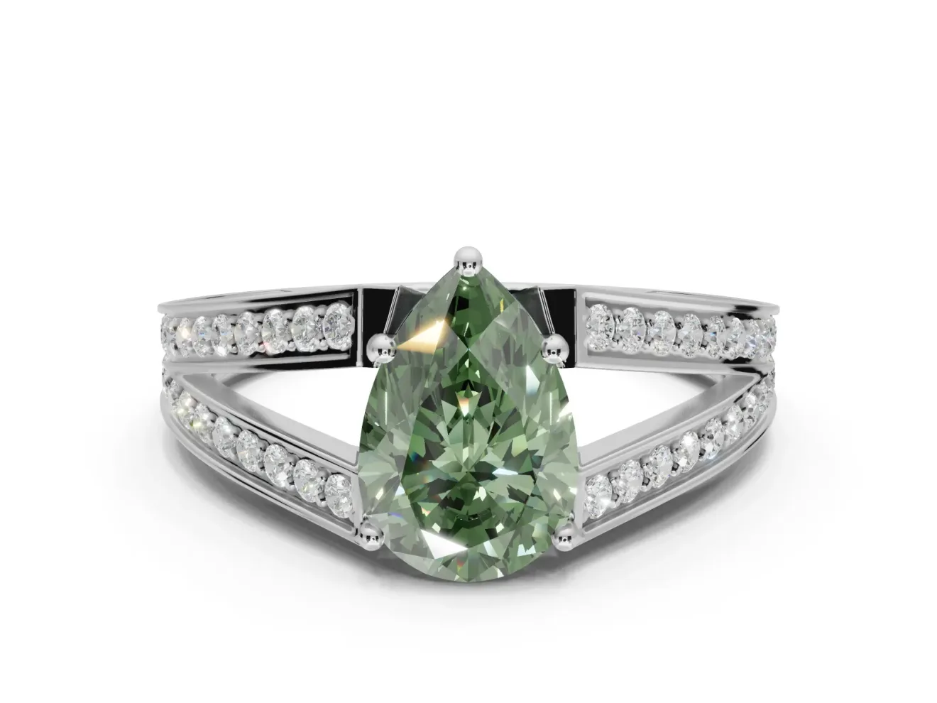Pear-Shaped Split Shank Pavé Engagement Ring Setting for a Fancy Green Lab-Grown Diamond | Platinum