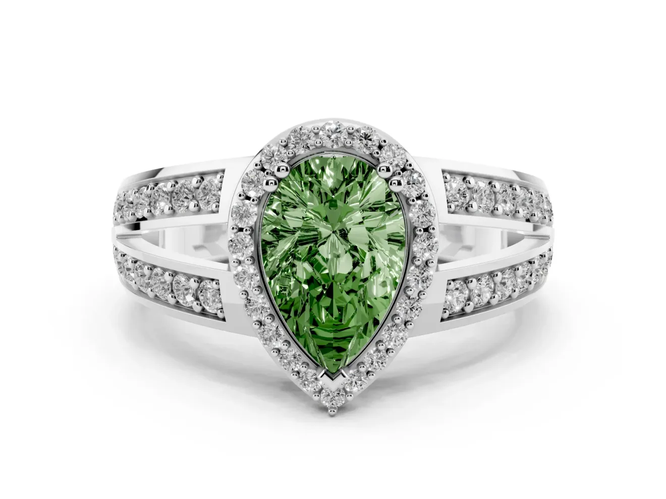 Pear-Shaped Halo Engagement Ring Setting for a Fancy Green Lab-Grown Diamond | Pave Split Shank | Sterling Silver