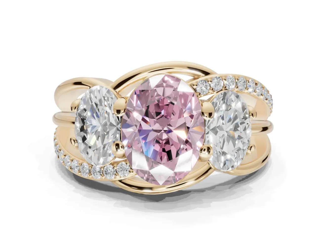 Oval Three Stone Split Shank Engagement Ring Setting for a Fancy Pink Lab-Grown Diamond | Matching Sides | Yellow Gold