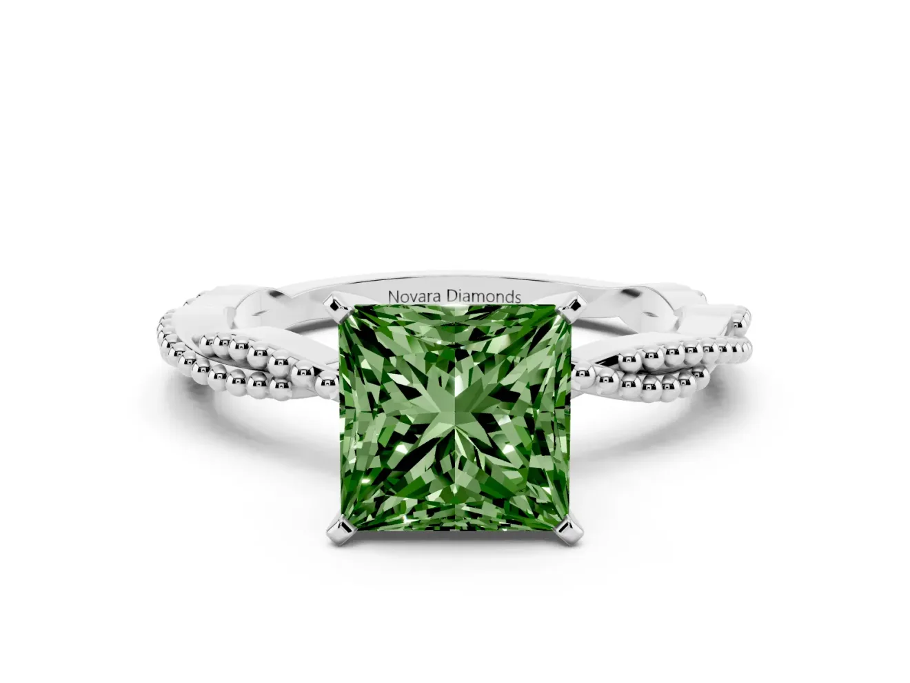 Fancy Green Princess Cut Diamond Solitaire Ring Set in White gold with Twisted Band and Bead Prong Setting