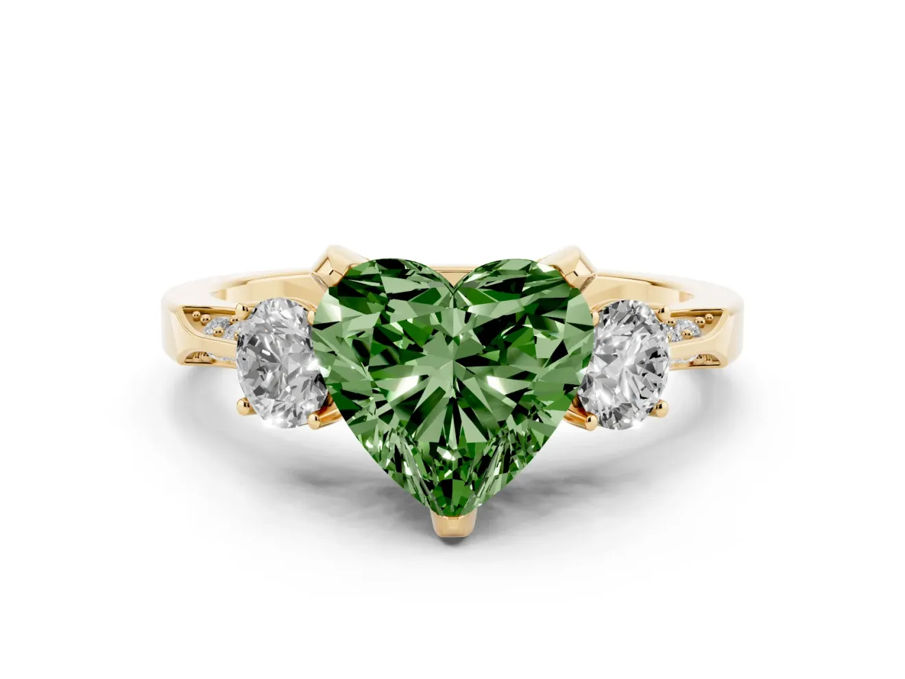 Heart-Shaped Hidden Halo Three Stone Engagement Ring Setting for a Fancy Green Lab-Grown Diamond | Yellow Gold