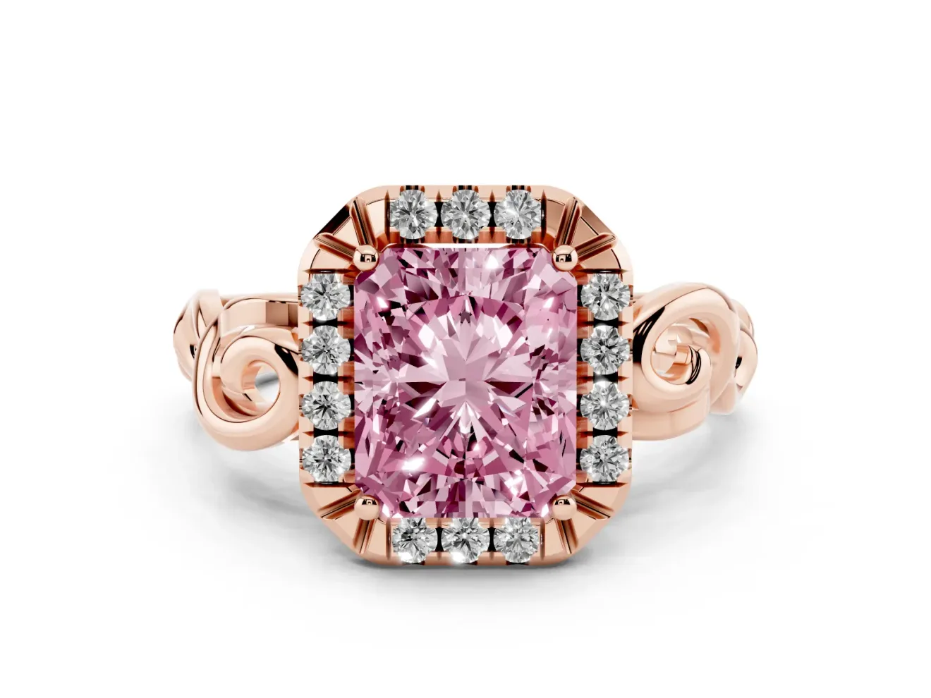 Fancy Pink Radiant Cut Diamond Halo Ring Set in Rose gold with Scrollwork Band and Prong Setting